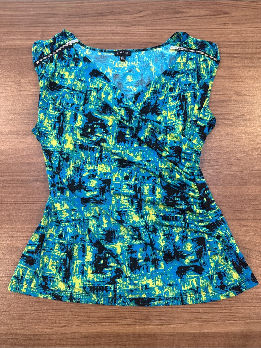 Nine West Blue and Neon Green Abstract Cap Sleeve Wrap-Front Top